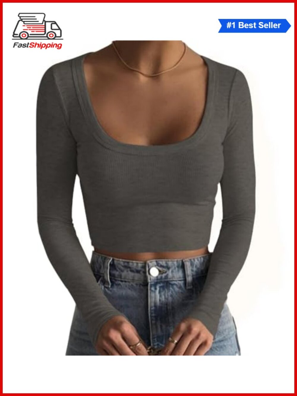 ✨ Long Sleeve Square Neck Ribbed Slim Fit Crop Top